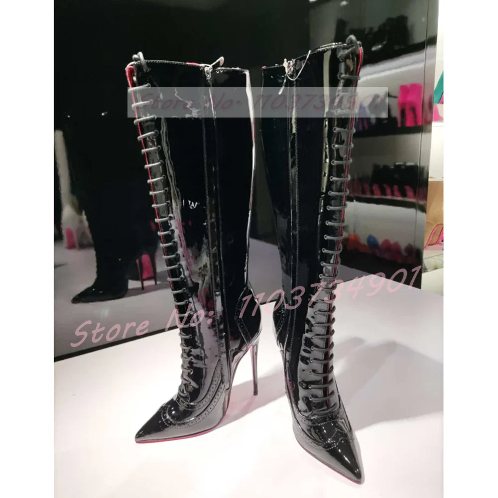 Pink Sole Zipper Knee Length Boots Women Sexy Nightclub Lace Up Pointy Toe High Heels Boots Lady Party Nifty Punk Fashion Shoes