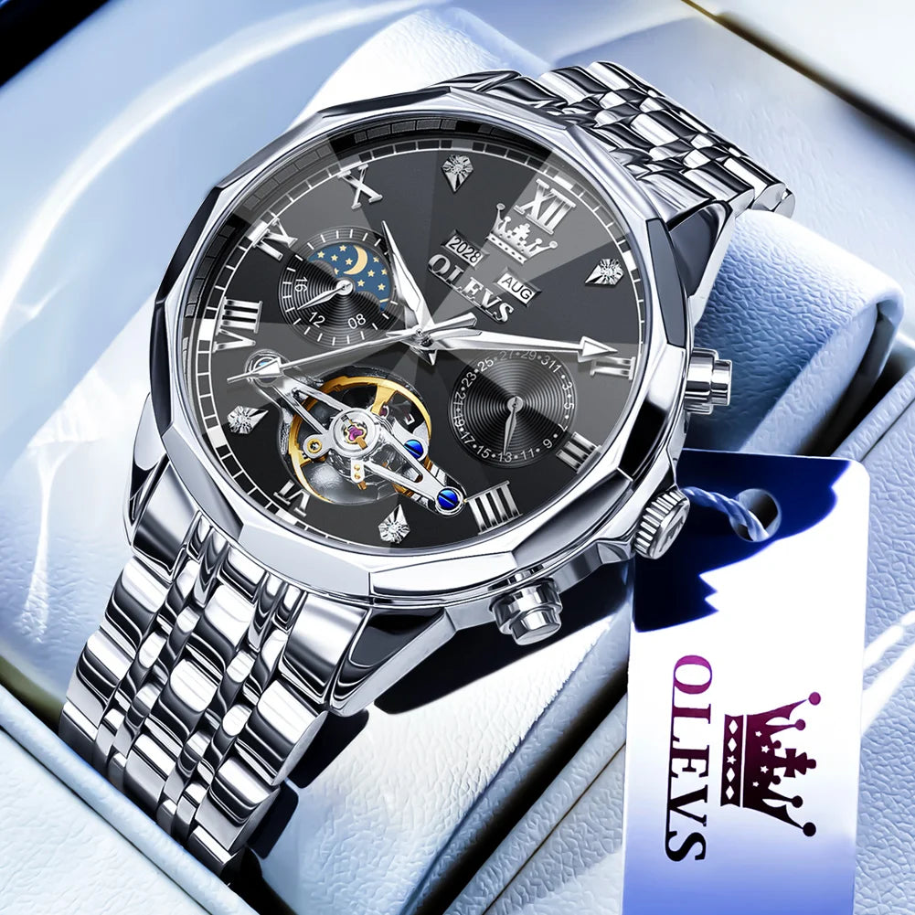  OLEVS Automatic Mechanical Watch for Men Tourbillon Moon Phase Diamond Dial Stainless Steel Strap Waterproof Men Wristwatch