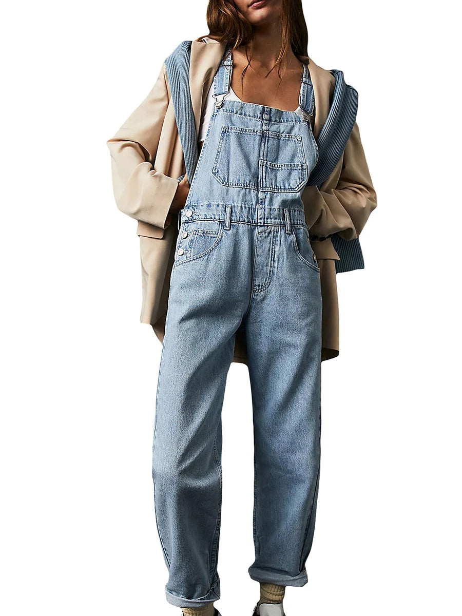 Women Spring Casual Wide Leg Denim Jumpsuits Loose Wide Strap Suspender Pocket Overalls Baggy Long Jeans Bib Pants Rompers