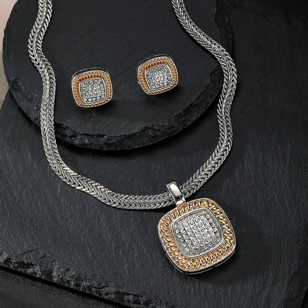 Zircon Necklace Set Geometric Square Shape Pendant Earrings Copper Plated 18K Gold Jewelry Set
