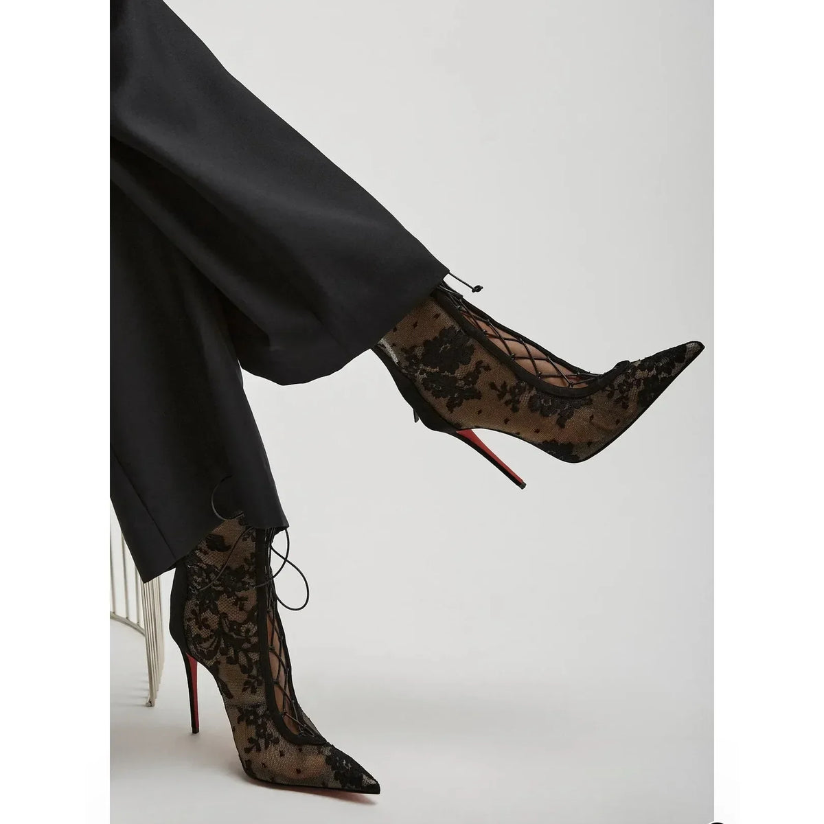 2026Spring and Summer Pointed Black Mesh Fine High Heels Knee Length Cool Boots Embroidered Lace Up Party Wedding Women's Boots