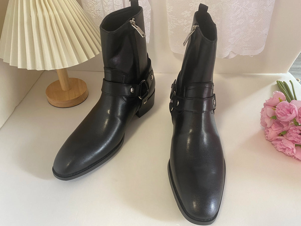 Brown Men Chelsea Boots Handmade High-quality Cow Suede Business Casual Square Toe Mid-heel Men Shoes Motorcycle Boots With Heel