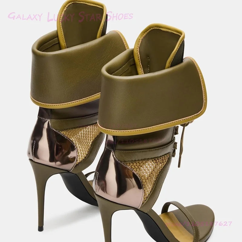 Black Metal Ring Rivet Button Sandals Dark Green Lace Up Stiletto Heels Women Round Toe Open Heels Ankle Strap Gold Summer Shoes