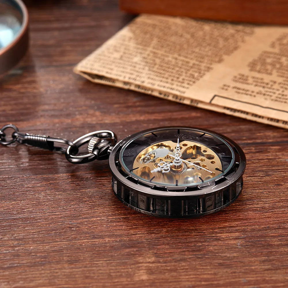 Vintage Transparent Hollow Women Men Skeleton Mechanical Pocket Watch Hand Winding With Waist Belts Chains Gift Watches Clock