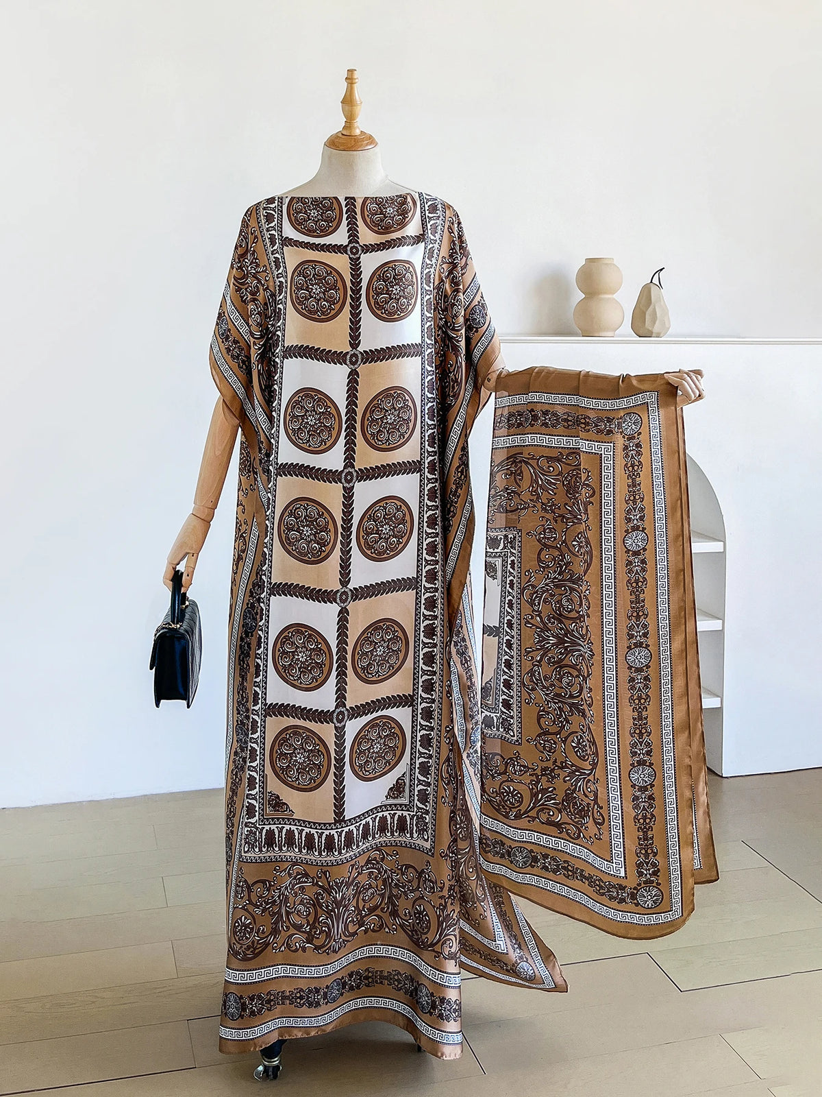 Vintage Baroque Medallion Satin Print Abaya With Scarf, Loose Maxi Kaftan For African Muslim Women Summer Beach Holiday Wear