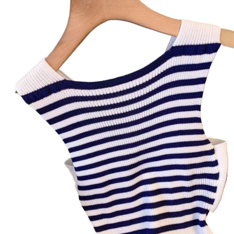 Women's Blue White Striped Crisscross Halter Neck Sundress Gold Button Detail Stretchy Knit Bodycon Mini Dress Sexy Party Dress