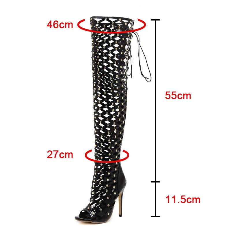 Sexy Rivet Hollow Super High Heels Shoes Women's Steel Pole Dance Over the Knee Boots Women Summer Mesh Peep Toe Sandals