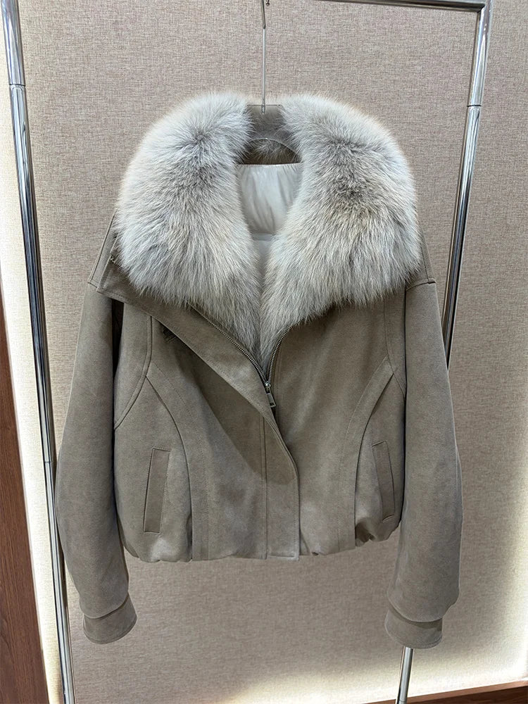 2026 New Winter Women Goose Down Jacket Natural Real Fox Fur Collar Coats Denim Puffer Jacket Outwear