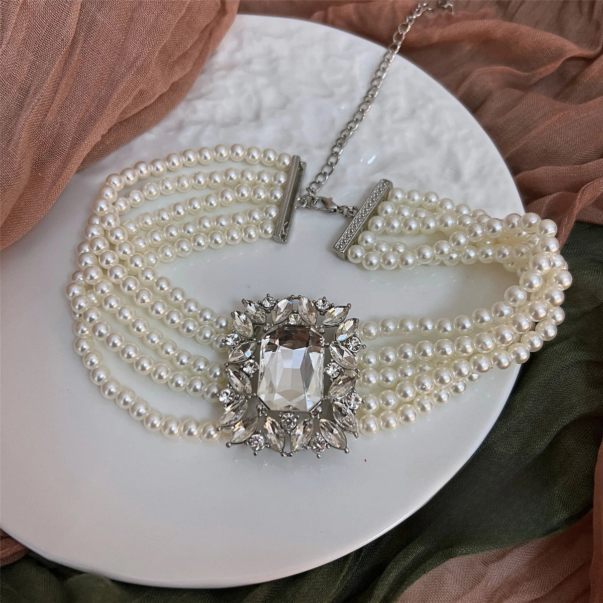 2 Pcs Rhinestones Square Leaf Multi-layer Necklaces Europe American Exaggerated Chokers Necklaces Collarbone Jewelry Sets K