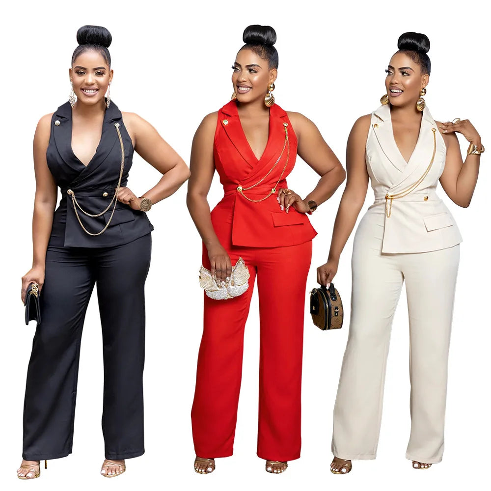 CMYAYA Elegant Womenv-neck High Waist Straight Sleeveless Blazer Jumpsuits 2024 Fall Street Chain Office Lady Party Rompers
