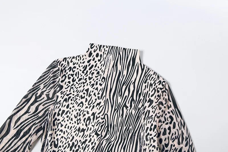 Zebra Stripes Leopard Print Skinny Jumpsuits Women Sexy See Through Mesh Patchwork Half High Collar Full Sleeve Slim Overalls