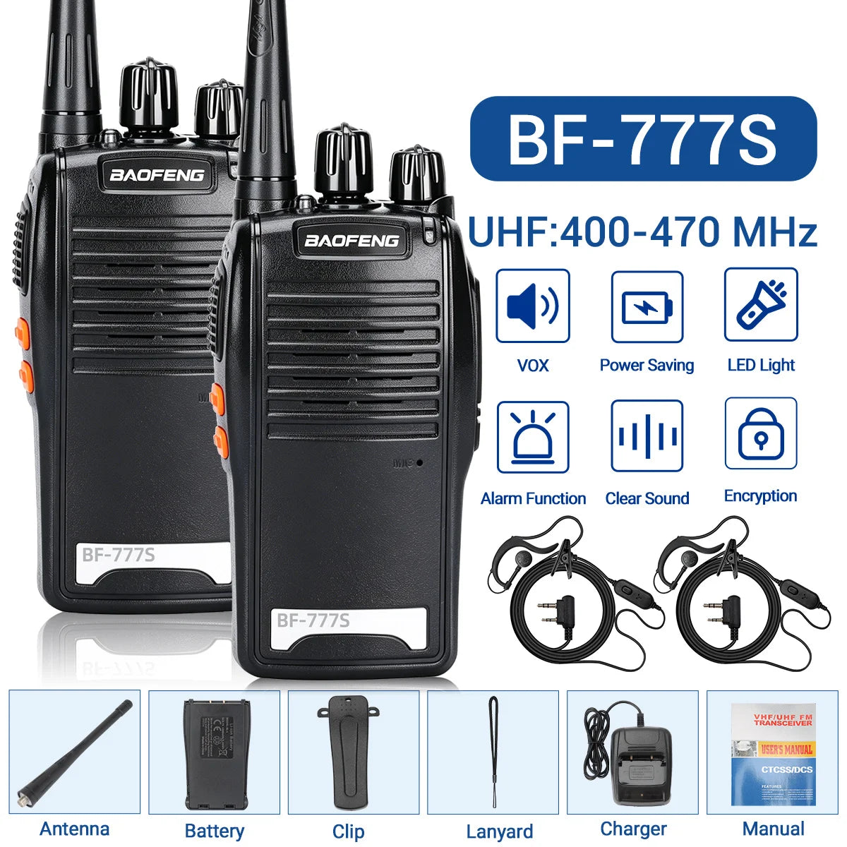 Baofeng BF-777S 5W UHF 400-470MHz Walkie Talkie 16CH 1500mAh Lithium Battery Long Range Two Way Radio for Construction Hotel