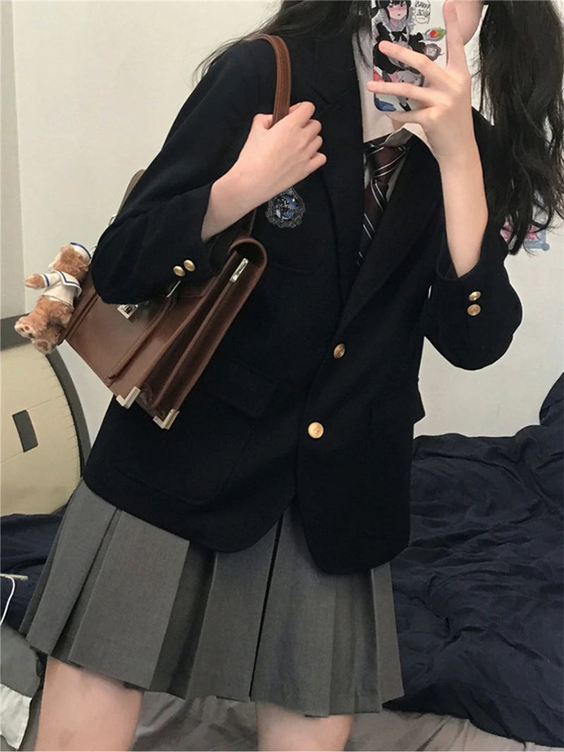 New College Style JK Uniform Suit Blazer Women Middle Long Jacket Top Girls Coffee Brown/Black Coat Long sleeved Spring Autumn
