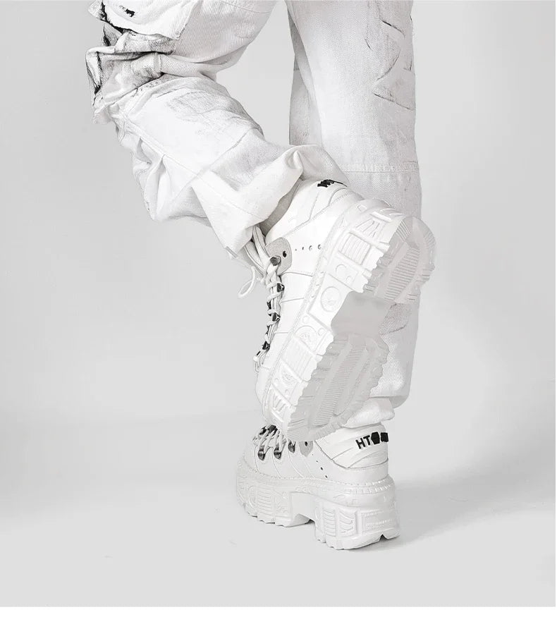 Gothic Ankle Rock Boots Women Shoes White Leather Platform New Punk Style Lace-up Heel Height Shoes Metal Decor Woman Sneakers