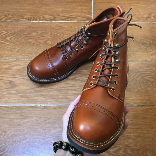 New Vintage British Round Toe Men Shoes Lace-Up Genuine Cow Leather Ankle Boots Work Dress Motorcycle Boots Red Brown Casual