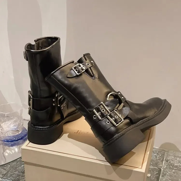 Women's Ankle Boots Autumn Work Fashion Elegant Punk New in Black Luxury Low Heel Round Toe Leather Dropshipping Center Footwear