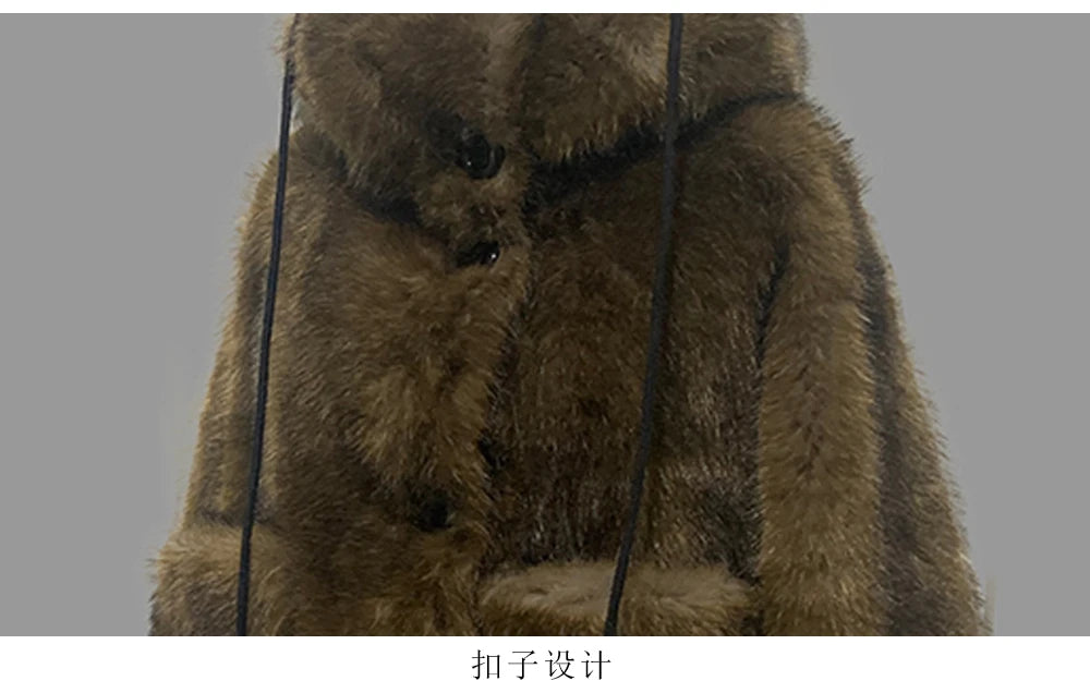 Nerazzurri Winter Short Oversized Thick Warm Shaggy Fuzzy Faux Fox Fur Coat Women Pockets Single Breasted Fluffy Hooded Jacket