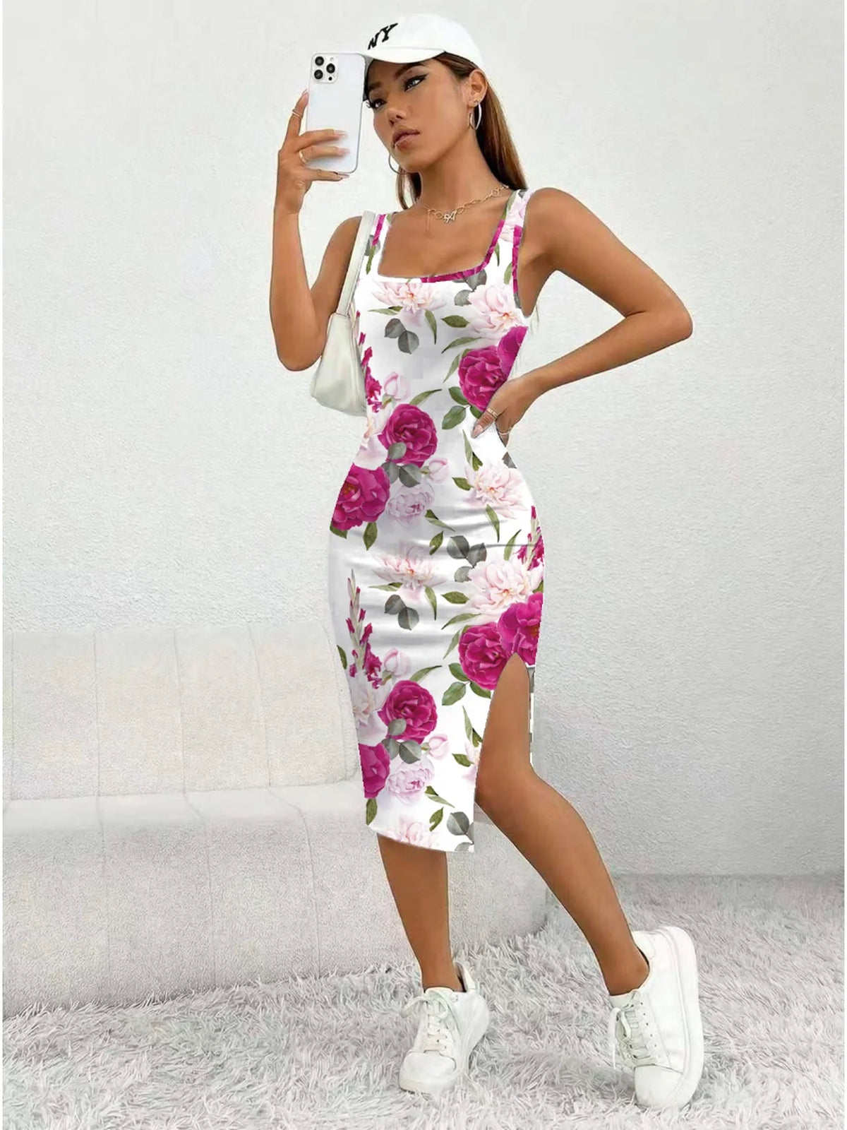 Women's Floral Print Sleeveless Dress Casual Elegant Comfortable Mid-Length Skirt with Thick Shoulder Strap Square Neck Slit
