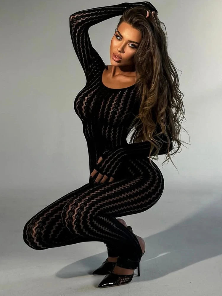 Sibybo Sheer Hollow Out Jumpsuits Women Summer Round Neck Long Sleeve High Stretch One Piece Jumpsuit Rompers Thin Sexy Overalls