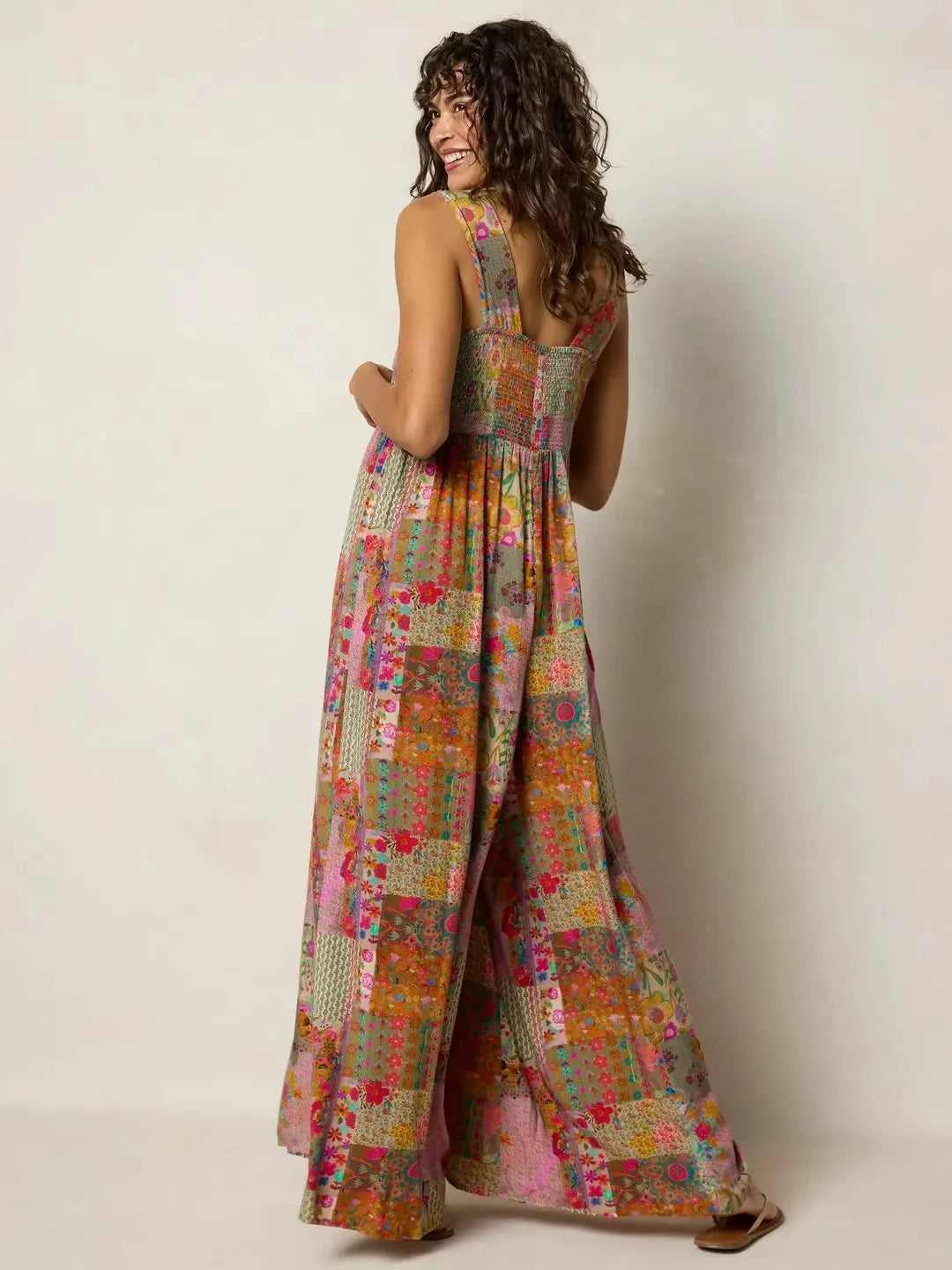 Plus Size Women's Jumpsuit, Wide Strap Square Neck Printed Casual Street Fashion Loose Wide Leg Jumpsuit