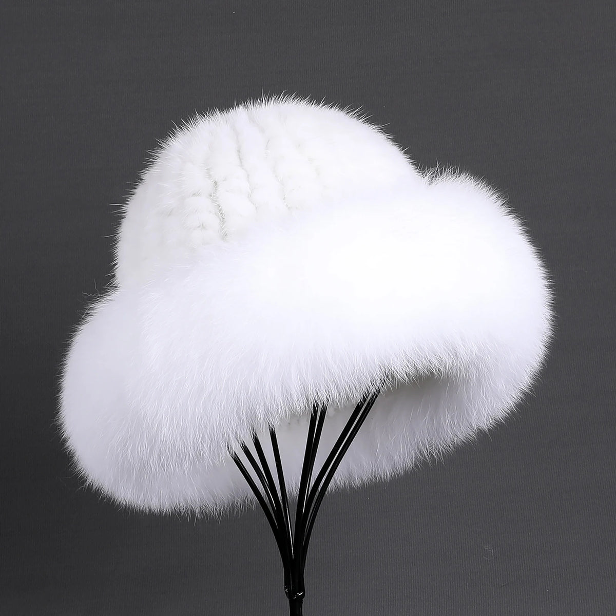 Women's Winter Warm Genuine Premuim Mink Fur Knitted Bucket Hat Furry Real Fur Caps Big Fox Fur Trim Brim Adjustable