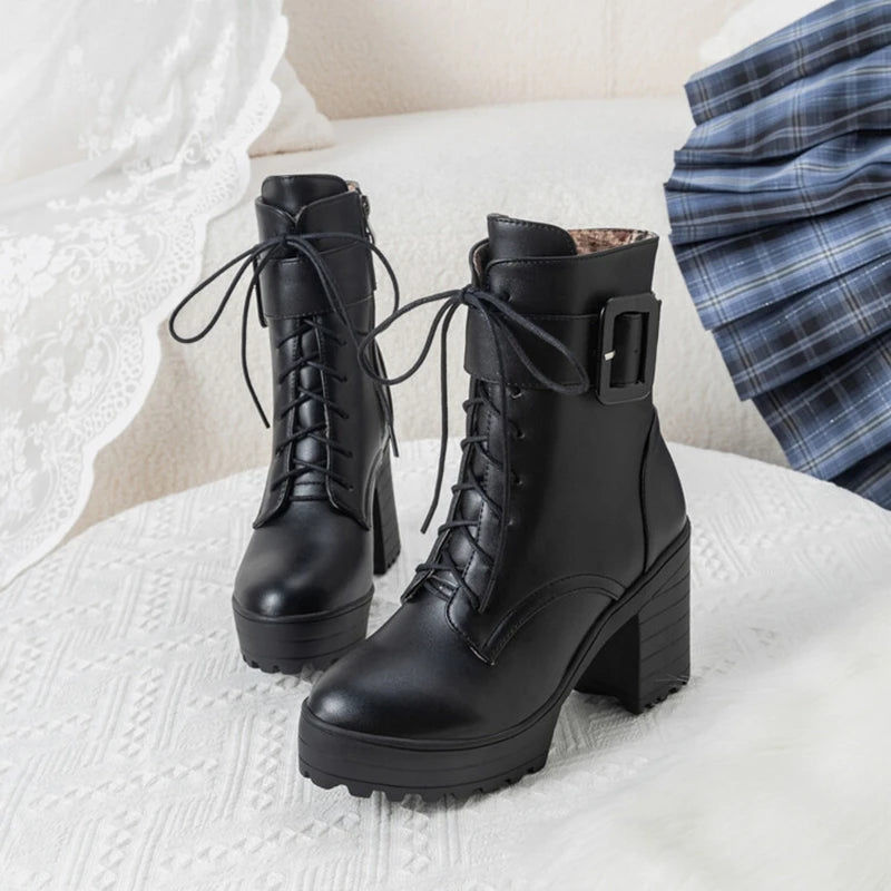 SIMLOVEYO Mortorcycle Ankle Boots Buckles Round Toe 9cm Block Heel Lace Up White Black Big Size 42 43 US12 Fashion