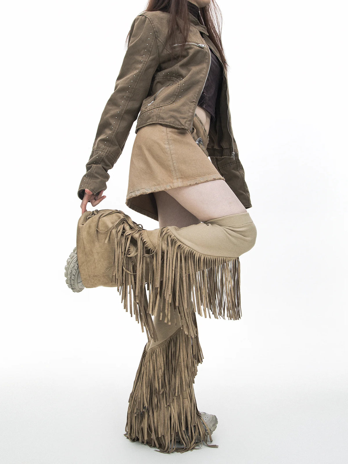 Suede Fabric Tassel Knitted Elastic Punk Vintage Flared Leg Warmers Woman Fashion Elegant Gothic Leg Sleeve