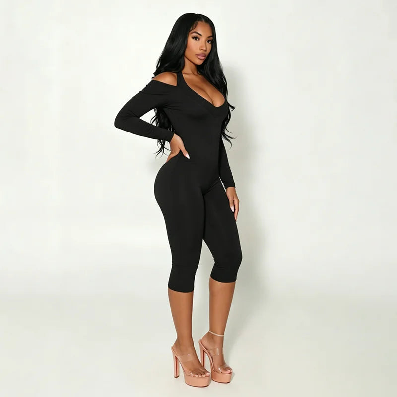 Sexy hot girl hanging neck, exposed back, slim fit, slimming jumpsuit, cropped pants