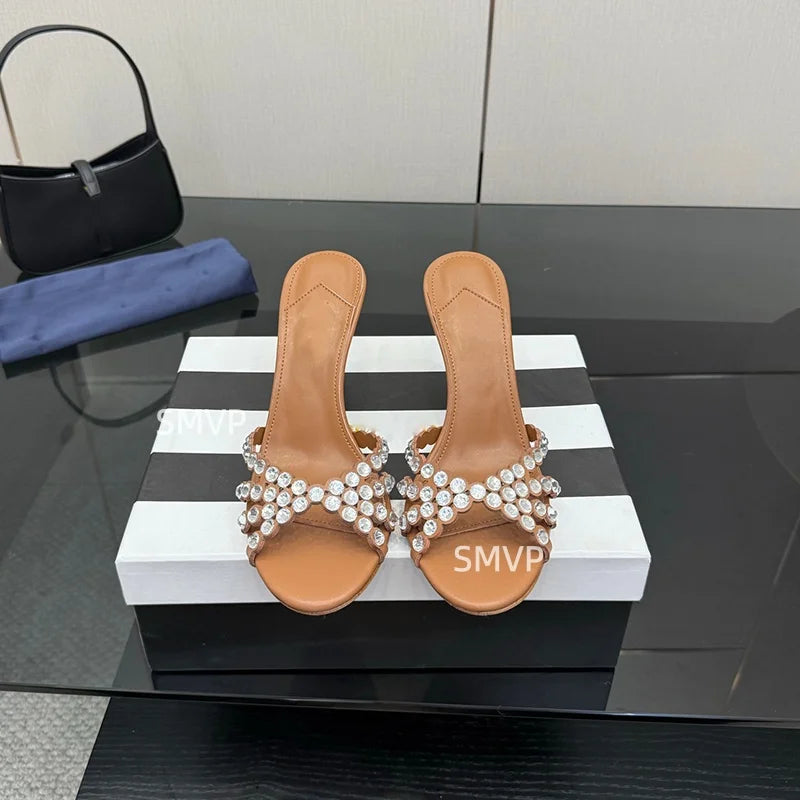Summer 2026 Women's Pink Crystal High Heels Diamond-Encrusted Slim Heel Sandals for Outdoor Weddings Parties Fashionable Ladies'