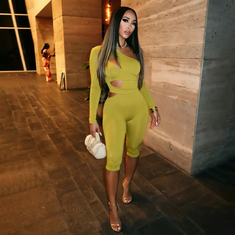 Solid color sexy single shoulder hollow out long sleeved one-piece slim fit pants
