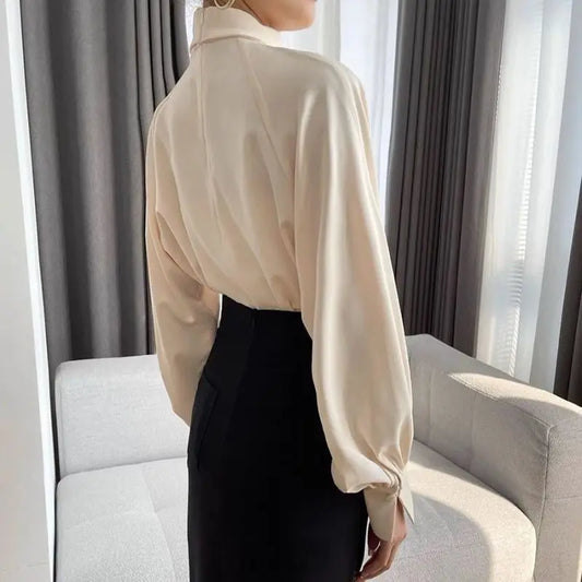 Women's Korean Fashion Hollow Ruffled Elegant Blouse Office Lady Stand Collar Business Casual Shirt Long Sleeve Solid Loose Tops
