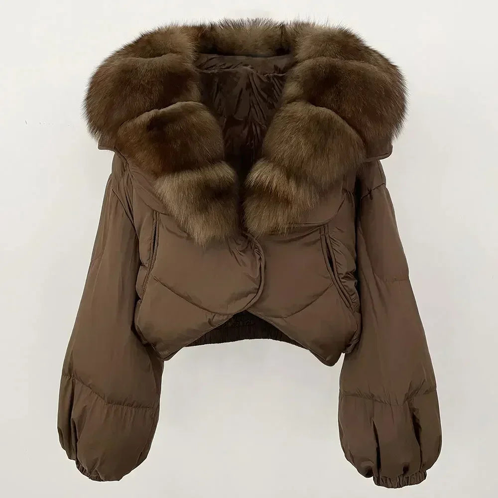 Winter Female White Duck Down Jacket Luxury Loose Short Fashion Casual Women Warm Real Fox Fur Coat Long Sleeve Puffer Jacket