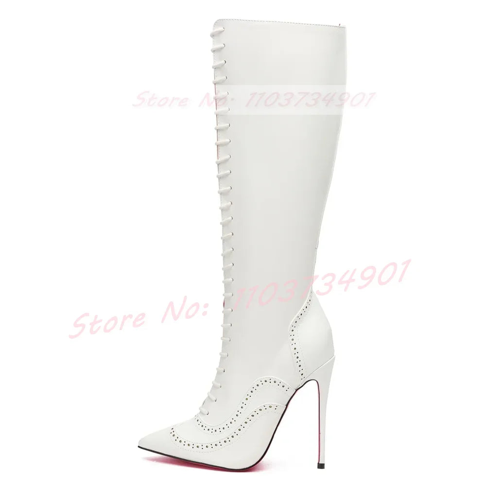 Pink Sole Zipper Knee Length Boots Women Sexy Nightclub Lace Up Pointy Toe High Heels Boots Lady Party Nifty Punk Fashion Shoes