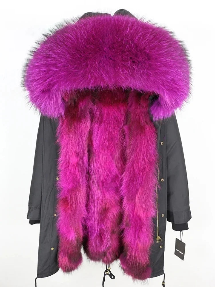 Real Fur Coat Winter Jacket Women Long Parka Waterproof Big Natural Raccoon Fur Collar Hood Thick Warm Real Fox Fur Liner coat