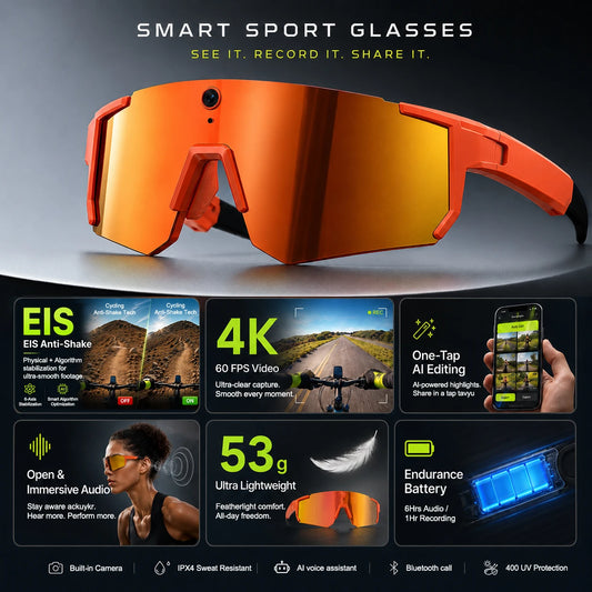 AI Sport Smart Glasses with Camera 4K 60FPS Anti-Shake POV Video Open-Ear Audio Voice Assistant Cycling Sunglasses for Men Women