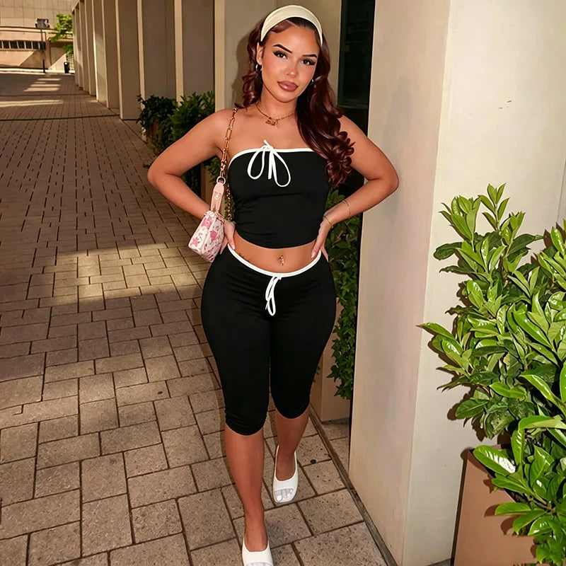 Joskaa Sexy Line Patchwork 2 Piece Set Women Strapless Bow Crop Top and High Waist Capri Pants Matching Tracksuits Streetwear