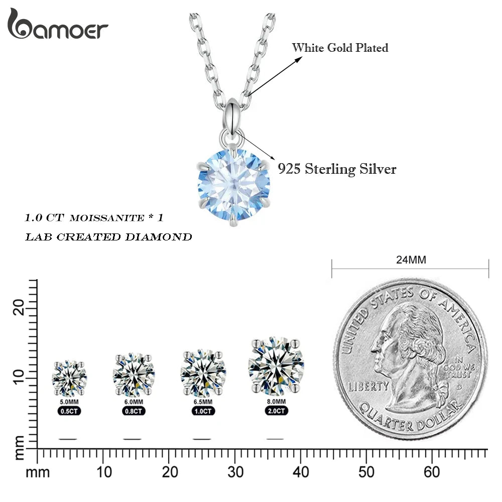 BAMOER 925 Sterling Silver 1CT Blue Moissanite Pendant Necklaces, White Gold Plated Engagement Jewelry With Certificate