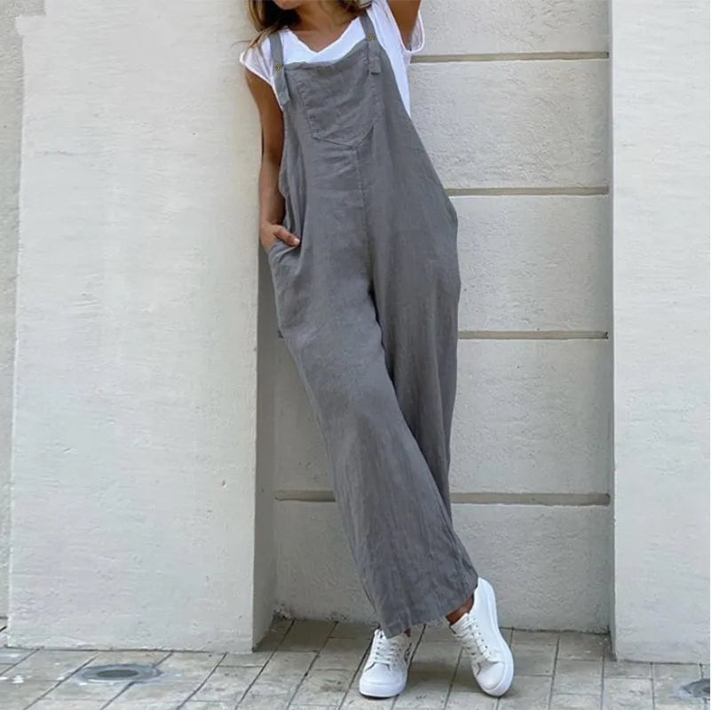 Summer 2025 Women's Loose Jumpsuit Solid Color Rompers Pocket Spring Fashion High Street Casual Versatile Overalls