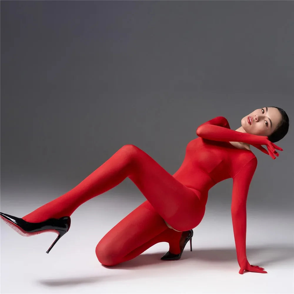 Sexy Women's Warm Full Body Bodysuit High Elastic Shaping Exotic Tights Sheer Cosplay Maid Leotard Long Sleeves Glove Jumpsuits