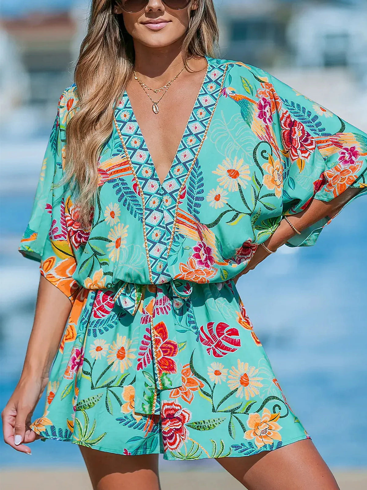 Plus Size Women's Casual Tropical Print Short Jumpsuit Batwing Sleeve V-Neck Loose Fit Beach Outing Summer Romper