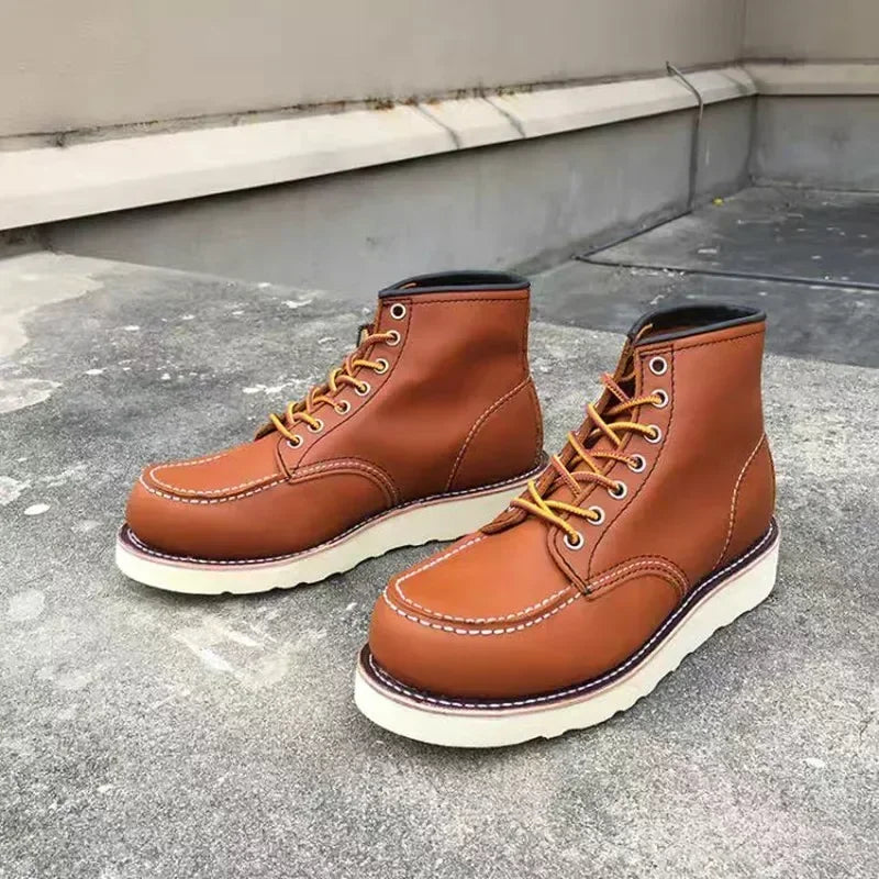 Men's Goodyear-Welted Vintage Genuine Leather Mid-calf Motorcycle Boots Round toe Casual Punk Dress Boots Work Shoes Western Red