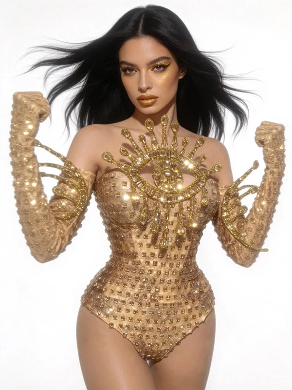 Sexy Sparkly Golden Rhinestones Eyes Stretch Bodysuit Women Eveing Birthday Party Nightclub Bar Singer Dancer DJ Stage Costume