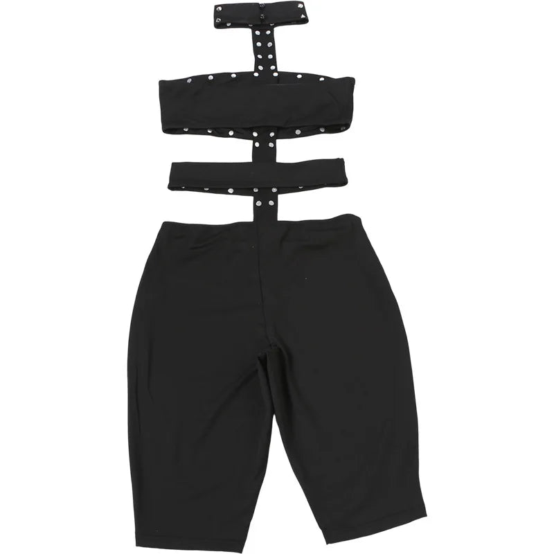 Sexy Halter Neck Cutout Bodycon Jumpsuit Women 2026 Summer Solid Studded Hollow Out Biker Short Romper Party Clubwear Outfits