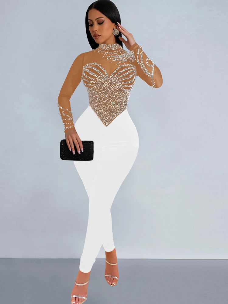 Beyprern Women's Sheer Mesh Crystal Jumpsuits One Piece Outfits Glam Fitted Long Sleeve Pearls Rhinestone Rompers Club Overalls