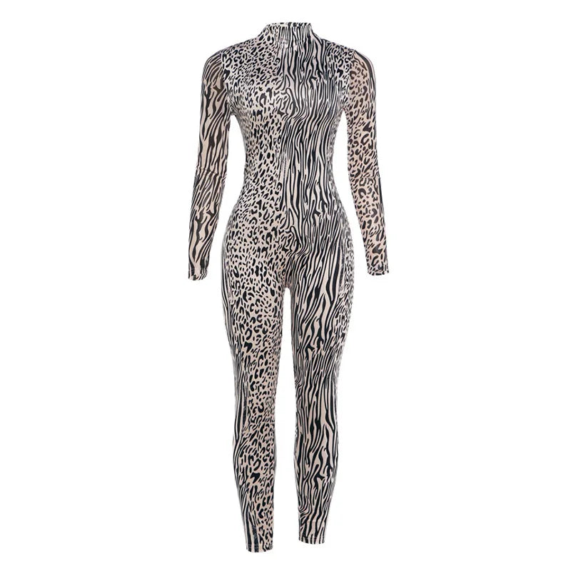 Zebra Stripes Leopard Print Skinny Jumpsuits Women Sexy See Through Mesh Patchwork Half High Collar Full Sleeve Slim Overalls
