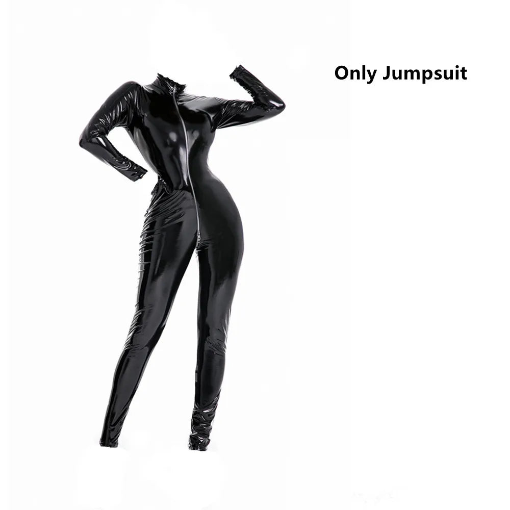 Latex Catsuit Women Wet Look Shiny PU Faux Leather Jumpsuits Suit Long Sleeve Zip Open Crotch Bodysuit Clubwear Plus Size S-5XL