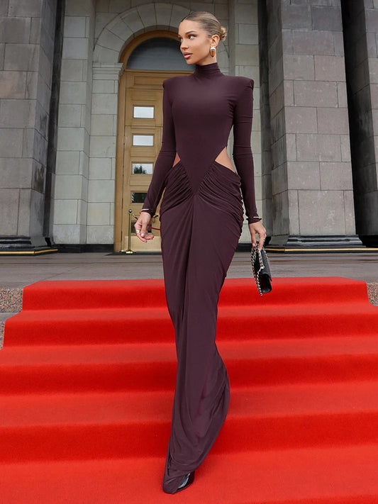 Nibber Hipster Waistless Ruched Elegant Dress Woman Autumn Style Turtleneck Full Sleeve Hollow Design Prom Party Long Bodycon