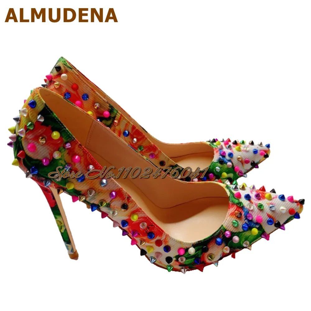 ALMUDENA Multi-Color Rivets Thin High Heel Dress Shoes 12Cm 10Cm 8Cm Stilettos Pointed Toe Shallow Pumps Pricts Spikes Footwear