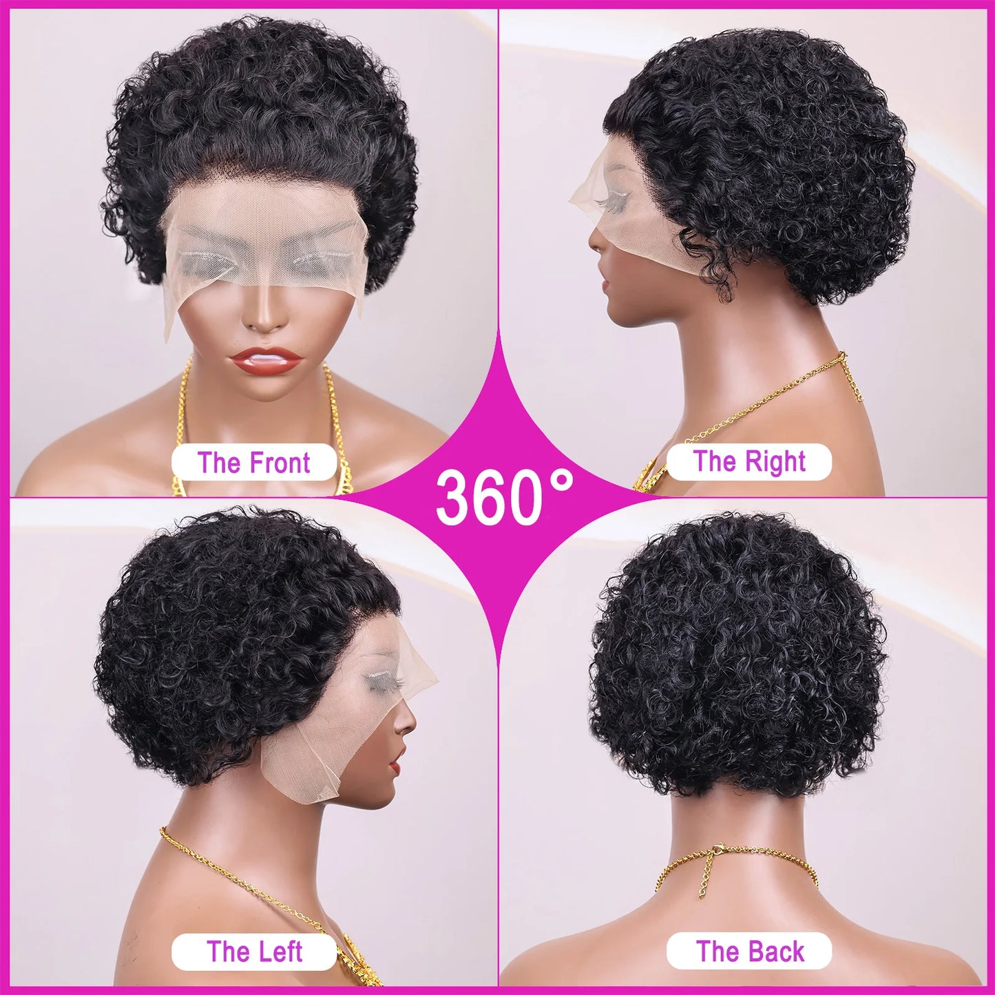 Short Curly 13x1 Lace Curly Pixie Cut Wig 180% Density Human Hair Lace Front Bob Wigs for Women Natural Color Pre Plucked 6 Inch