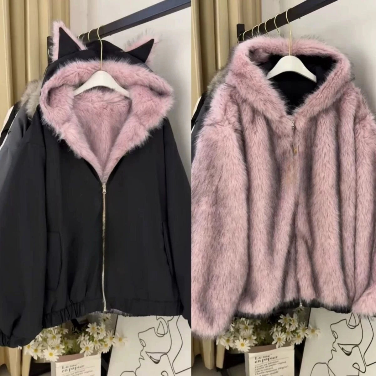 Korean Sweet Hot Girl Two Way Wear Cat Ear Design Hooded Coat Women Y2k Vintage Loose Down Jacket Winter Casual Warm Outerwear